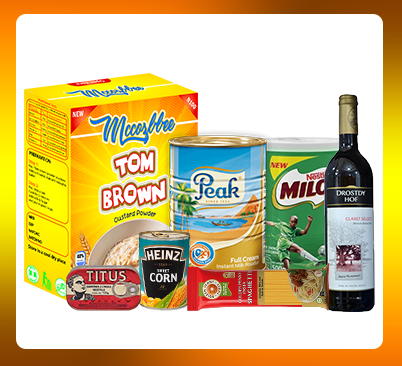 100%x280Fraket Mixed grocery,  containing mccozbbe tombrown, golden penny spaghetti, Peak Milk, Milo, Canned beans.